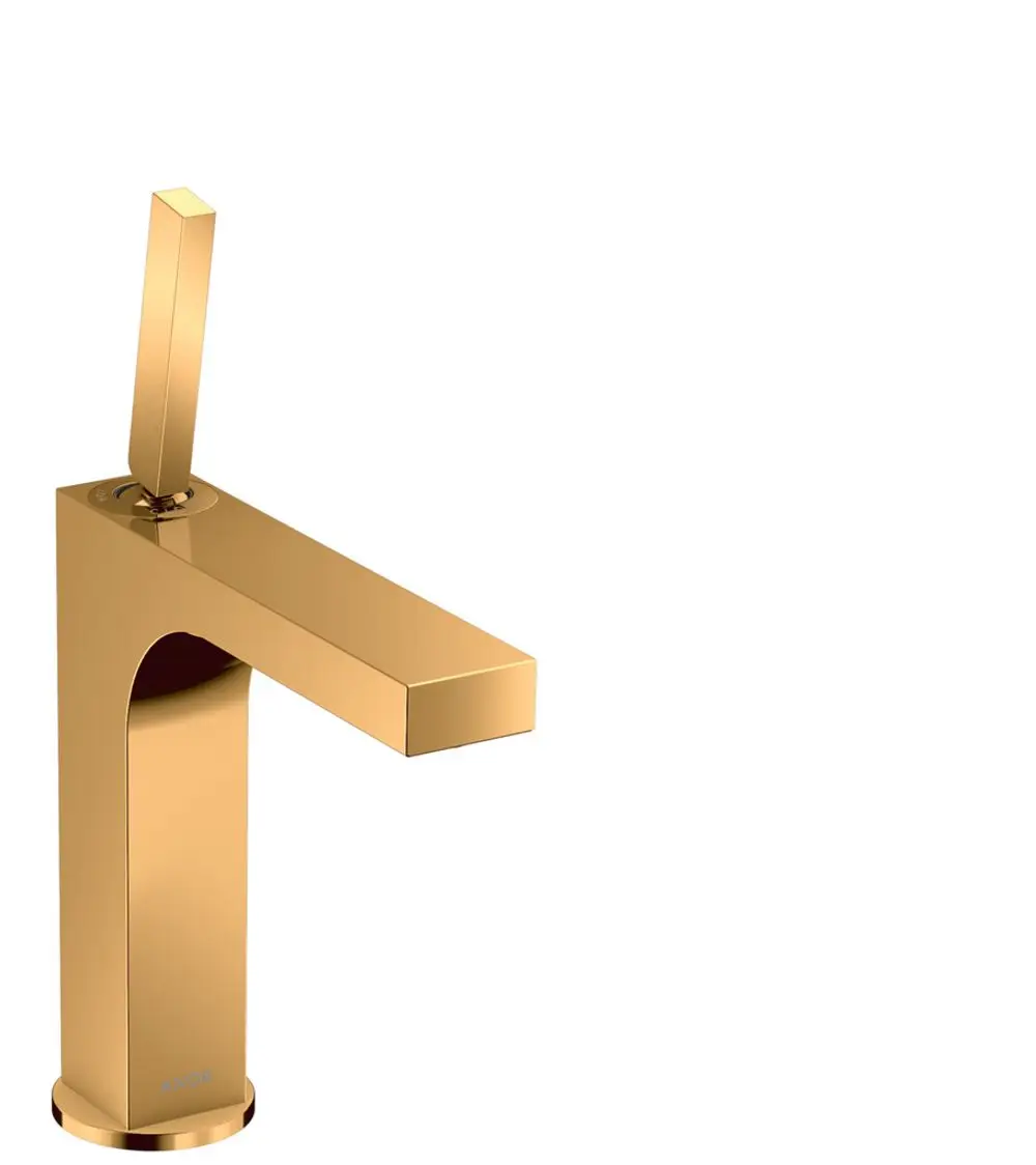 Einhebel-Waschtischmischer in polierter Goldoptik von AXOR mit einem rechteckigen Auslauf und einem langen, schmalen Griff. Ideal für moderne Badezimmerdesigns.